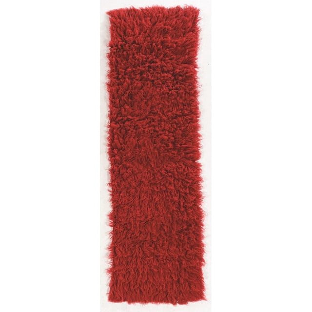 New Flokati 1400gr 2'4" x 8'6" Runner, Red, hand woven in Greece from 100% New Zealand wool with a deep plush shag pile, displayed flat on a white surface, perfect for hallways or laundry rooms, providing warmth and cushioning, also suitable as a soft bedside rug.