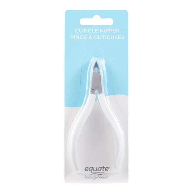 Equate Beauty Cuticle Nipper with white ergonomic handles and stainless steel blades, packaged on a blue and white card labeled in English and French, suitable for precise nail care and cuticle trimming.