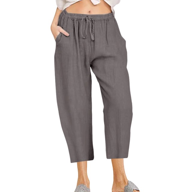Innerwin Capri Pants Drawstring Women Pant Summer Straight Leg Baggy Bottoms Gray S