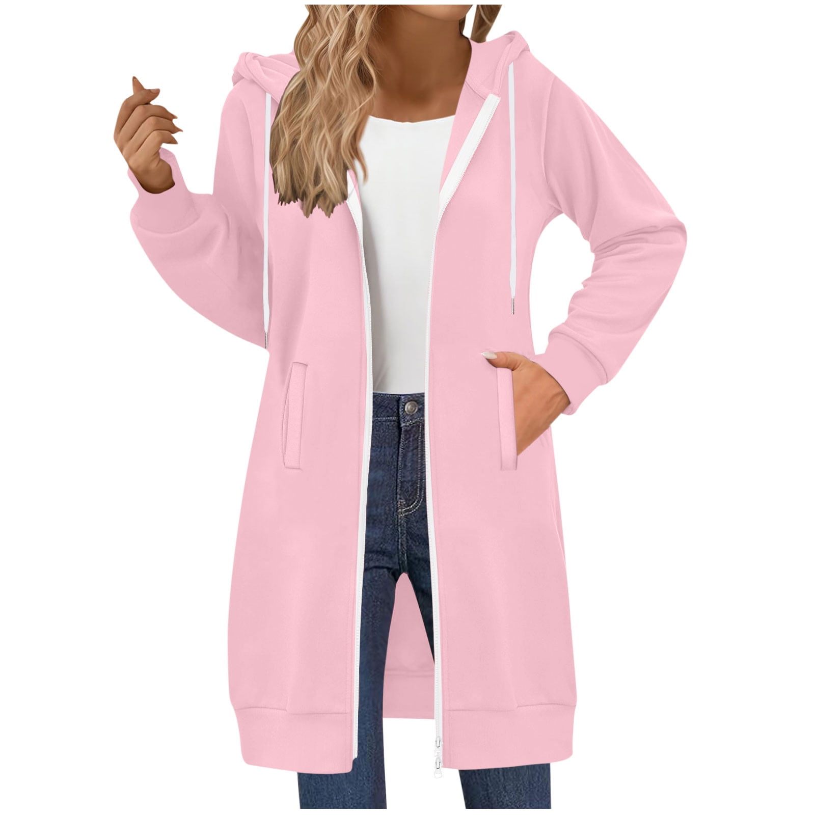 aohooy Women Long Hoodie Jacket Fleece Zippered Casual Jacket Fall