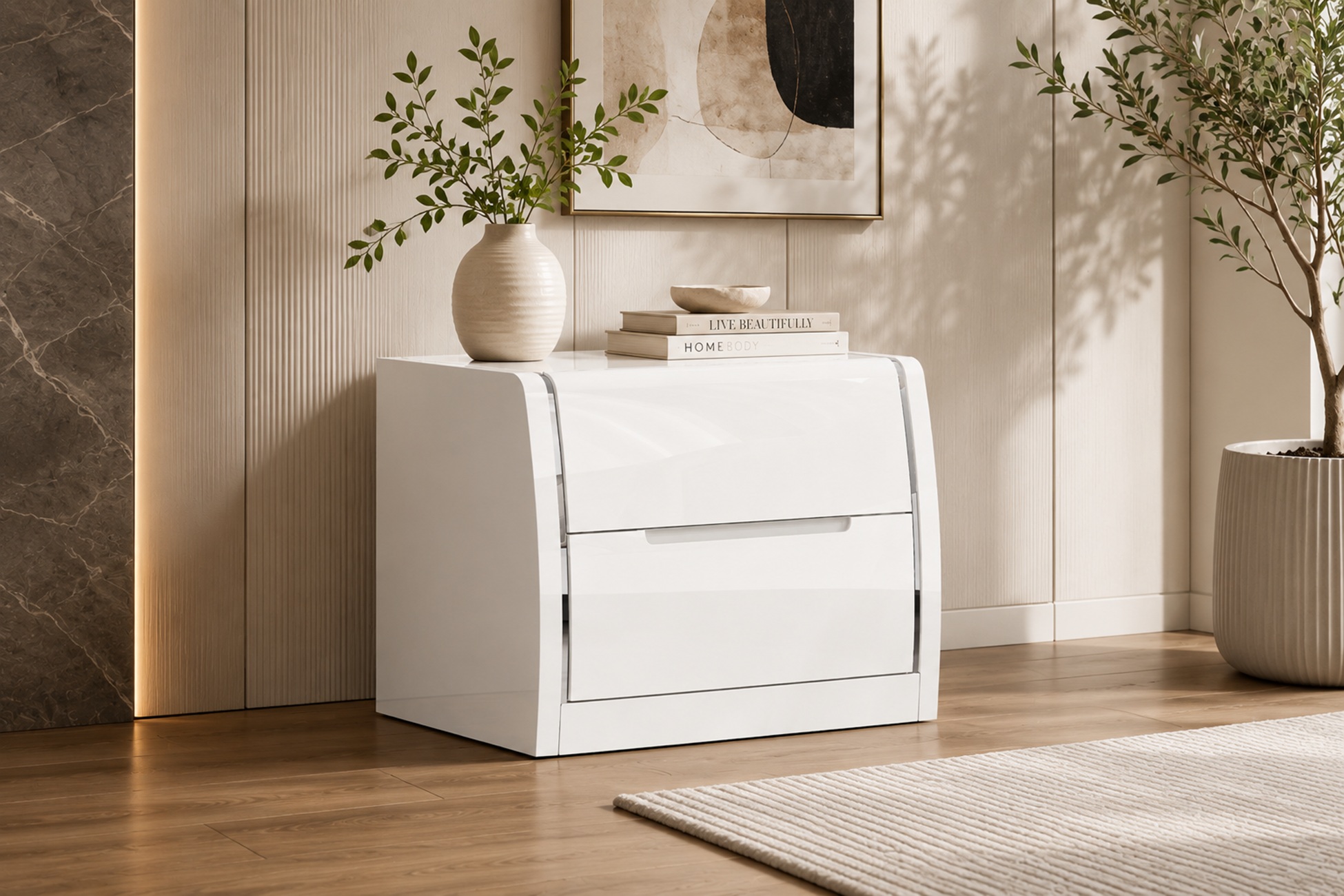 K-Living Phoebe Solid Wood Nightstand in High-Gloss White Finish