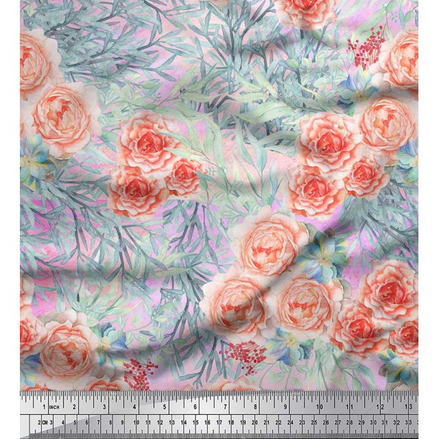 Soimoi Tissu Poly Georgette Rose Imprimé Feuilles & Roses Tissu de Couture BTY 52 Pouces de Large