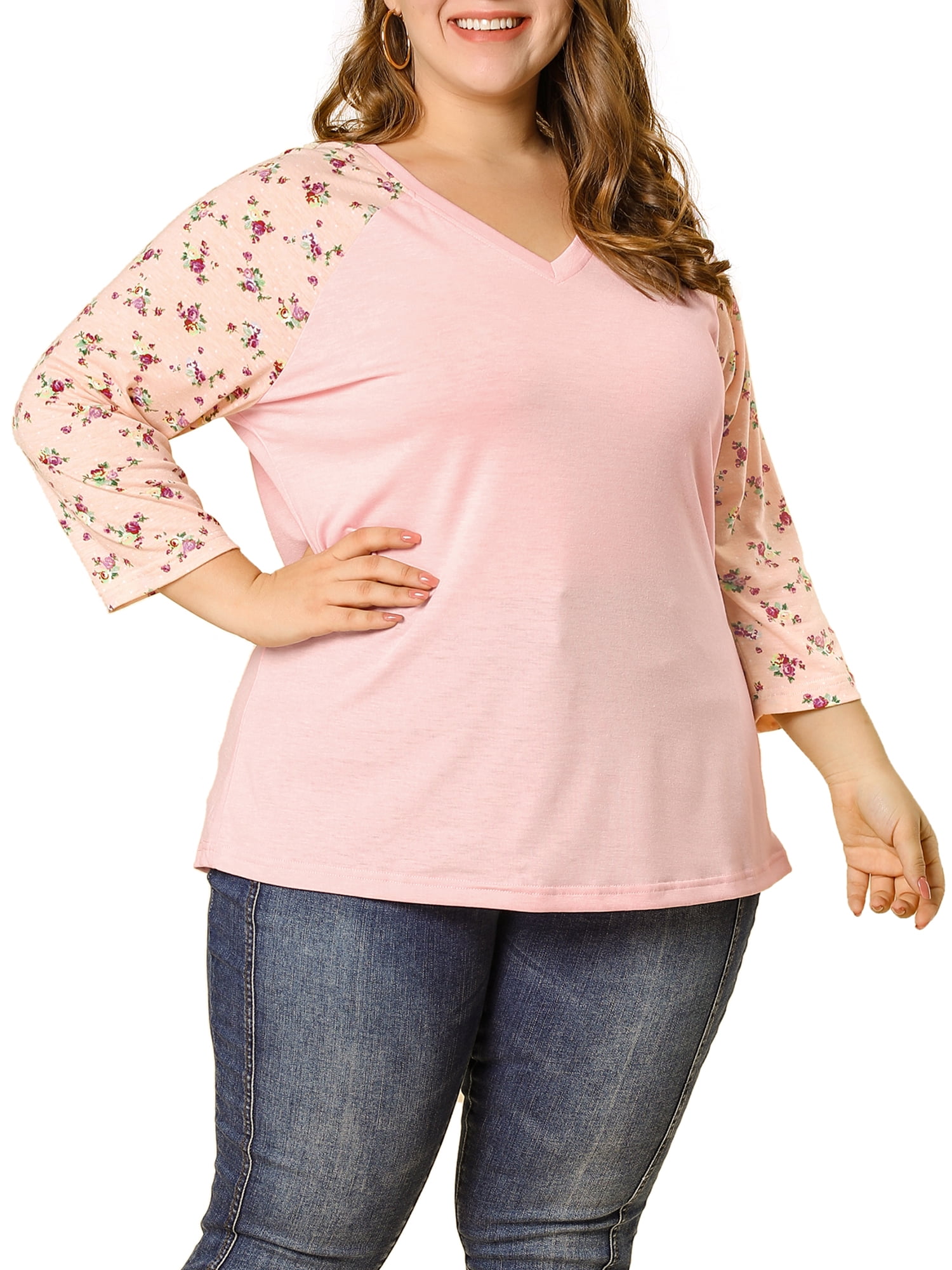 GRACE & GRANDEUR Chemises Blouse pour Femmes Grande Taille Col en V Manches 3/4 Raglan à Fleurs Décontracté Printemps Automne Hauts 4X Rose