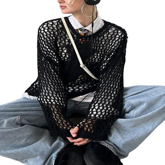 Pull-over en Crochet Découpé pour Femmes Couleur Unie Manches Longues Pull Court Transparent en Résille