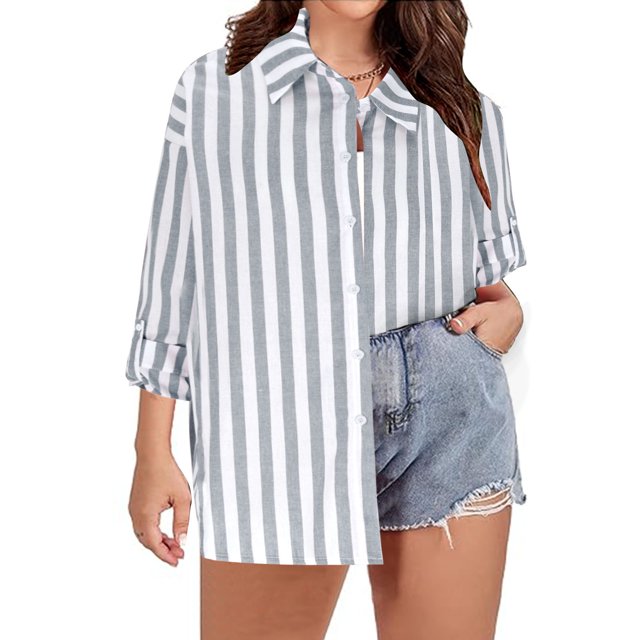 TIMIFIS Chemises à Manches Longues pour Femmes Grande Taille Chemise à Rayures Boutonnée Automne Décontractée Col Rabattu avec Manches Ajustables Hauts