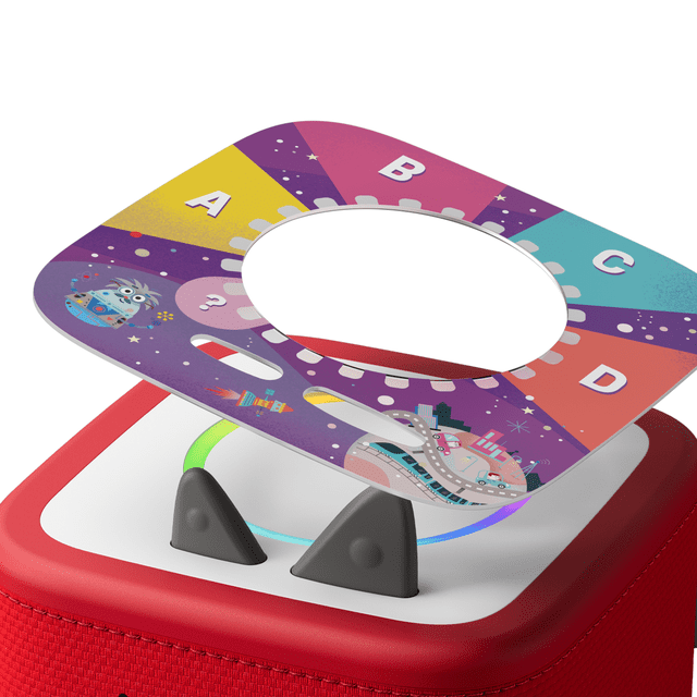 tonies Tonieplay The Quizzles: All About Technology Game showing a colorful square quiz card with sections labeled A, B, C, and D featuring space-themed illustrations, placed on a red Toniebox 2 base with two black triangular supports and a glowing multicolored light ring, ideal for interactive, screen-free educational play.