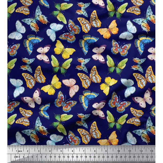 Soimoi Blue Rayon Fabric Colorful Butterfly Print Fabric by the Yard 56 Inch Wide