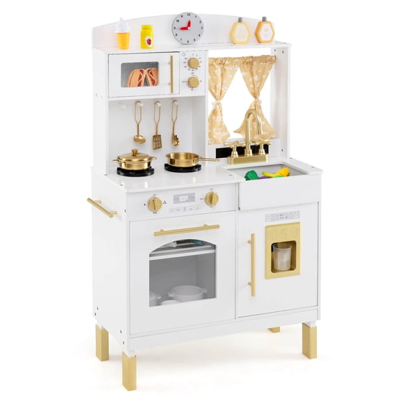 Costway Cuisine de Jeu avec 3 Hauteurs Réglables, Micro-Ondes, Cuisinières, Évier, Four, Machine à Glaçons Blanc