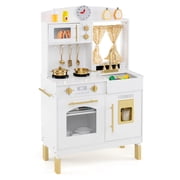 Costway Play Kitchen with 3 Adjustable Heights, Microwave, Stoves, Sink, Oven, Ice Maker White