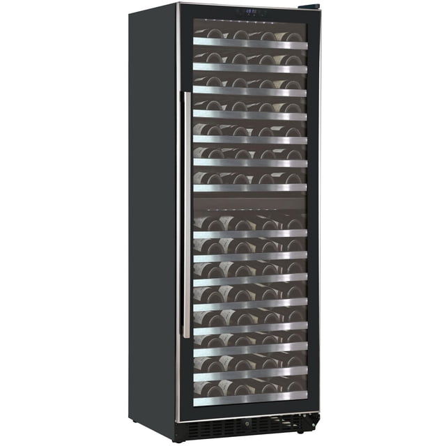 iComfort Refroidisseur de Vin avec Capacité de 155 Bouteilles, Extérieur Noir et Porte en Verre avec Poignée en Acier Inoxydable, Multiples Tablettes Métalliques Horizontales pour Ranger des Bouteilles de Vin, Commande à Pavé Tactile Numérique avec Écran LED Bleu pour Réglages de Température à Double zone, Convient à l'Installation en Cuisine et au Fonctionnement Silencieux.