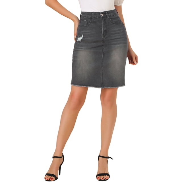Unique Bargains Women's Distressed High Waist Ripped Hem Knee Length Denim Skirt