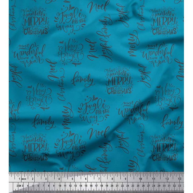 Soimoi Blue Poly Georgette Fabric Merry Christmas Text Print Fabric by the Yard 42 Inch Wide