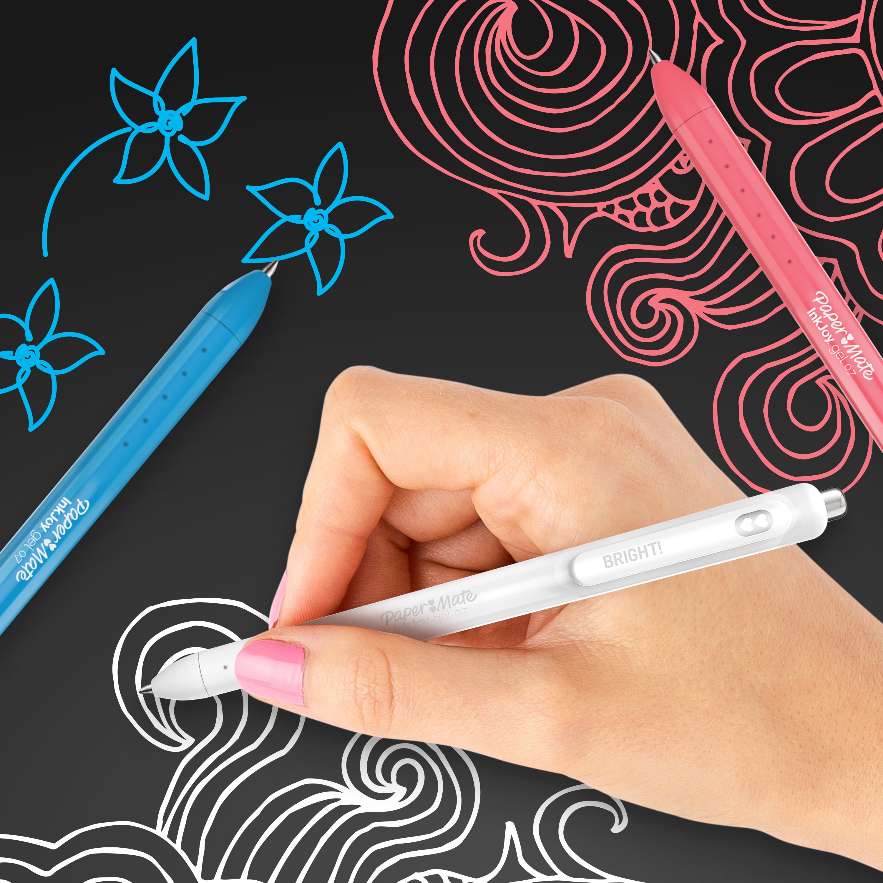 Stylos brillants InkJoy de Paper Mate, stylos gel avec encre semblable à de la peinture, pointe moyenne (0,7 mm), rétractables, couleurs vives assorties, 3 unités
