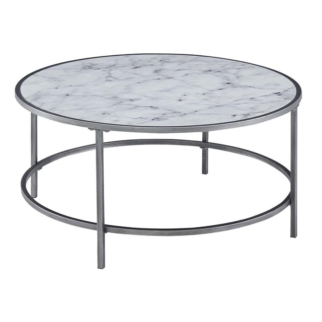 Convenience Concepts Gold Coast Table Basse Ronde en Faux Marbre avec Cadre Métallique Robuste, Blanc