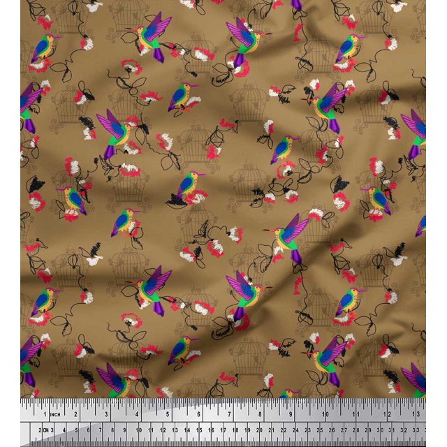 Soimoi Brown Cotton Poplin Fabric Cage & Humming Bird Printed Fabric 1 Yard 42 Inch Wide