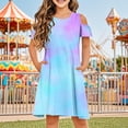 thumbnail image 2 of Économies de Printemps/été! HVOBTTY Robe Confortable à Manches Courtes pour Fille, Robe Quotidienne Sans Manches Extensible, Robe Trapèze Tournoyante, Patineuse, Récital d'École, Robe à Manches Courtes à Col Rond, Bleu, 13 Ans, 2 of 5