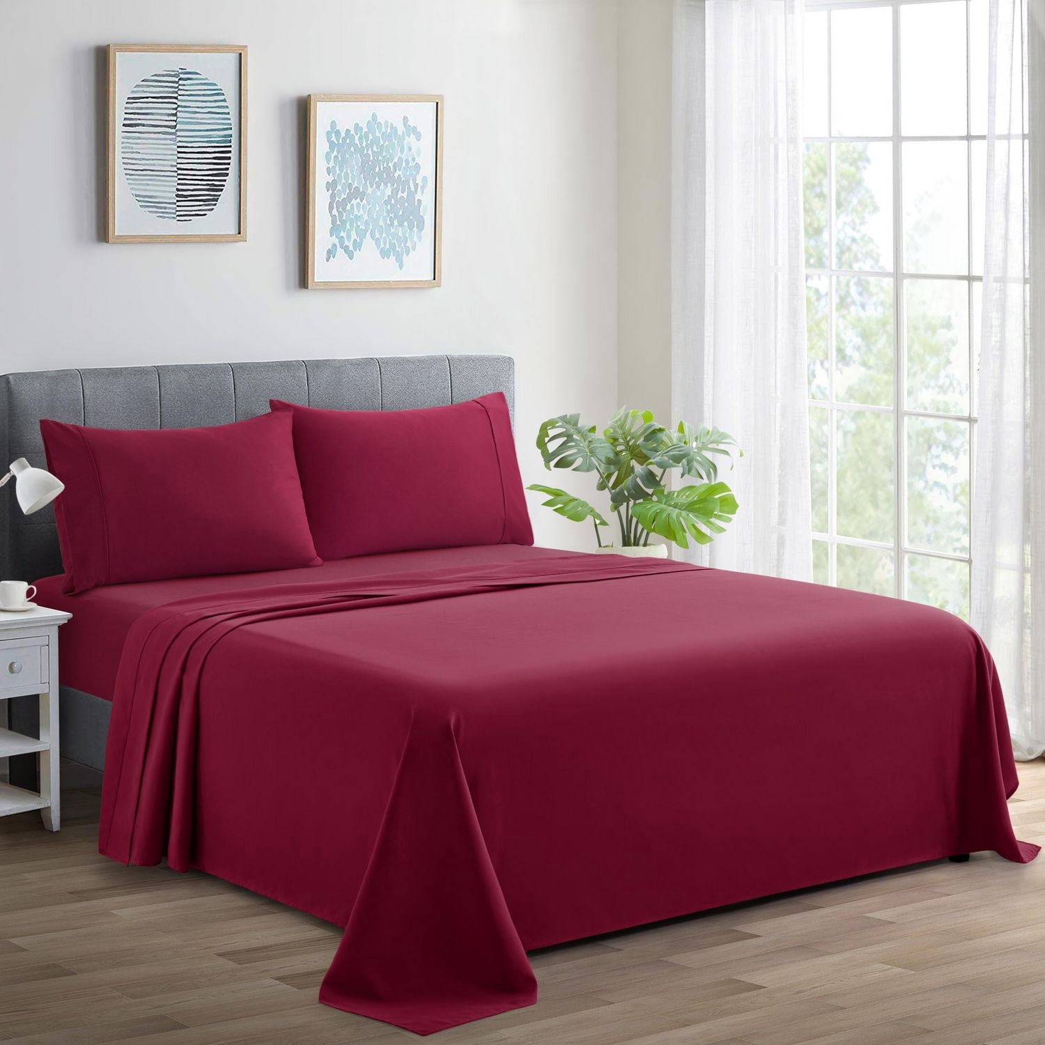 Literie Marina Decoration, 600 fils/cm², ultra douce, avec poche profonde, en coton percale à fibres longues, toutes saisons, couleur bourgogne