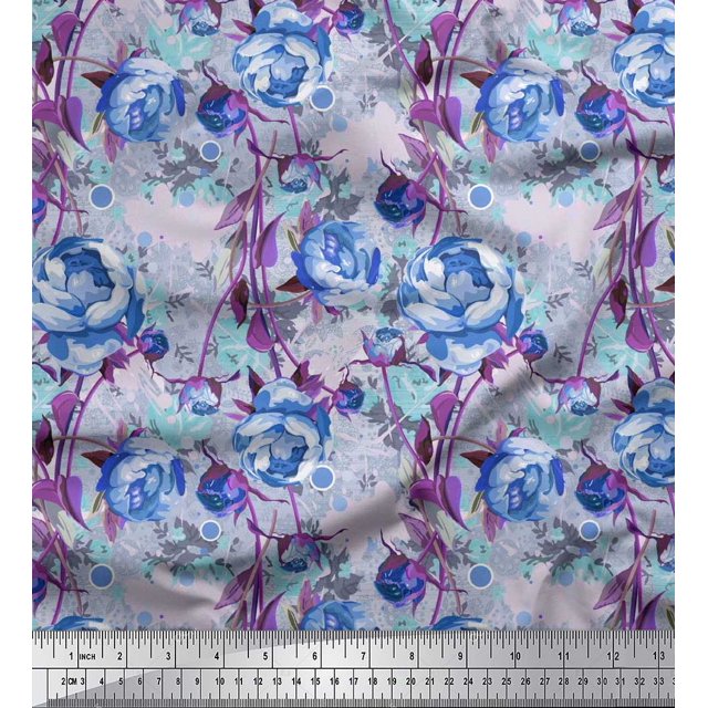 Soimoi Blue Poly Georgette Fabric Leaves & Floral Printed Craft Fabric by The Yard 52 Inch Wide