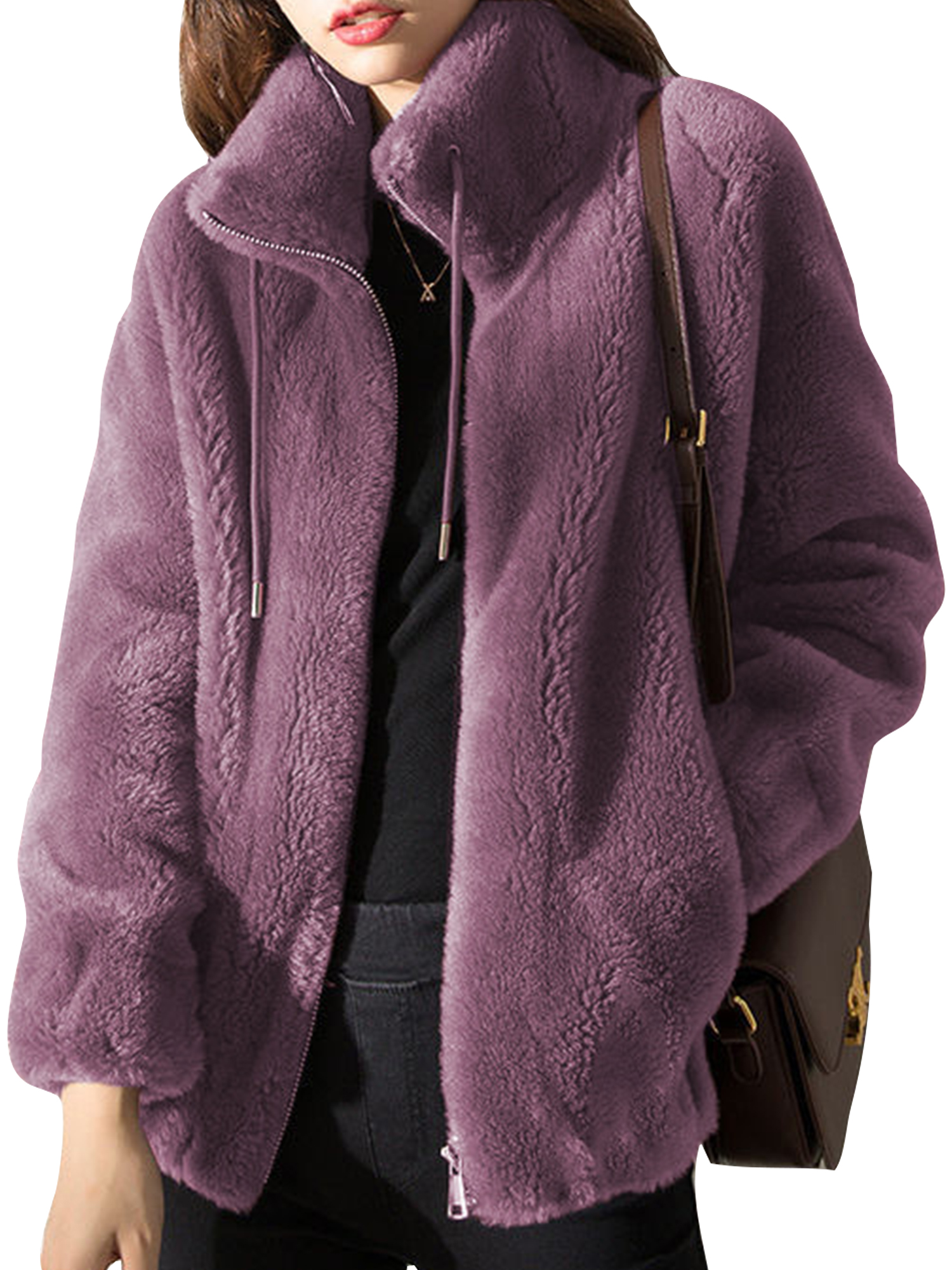 LUXUR Ladies Full Zip Sherpa Jackets Drawstring Holiday Overcoats Purple 3XL