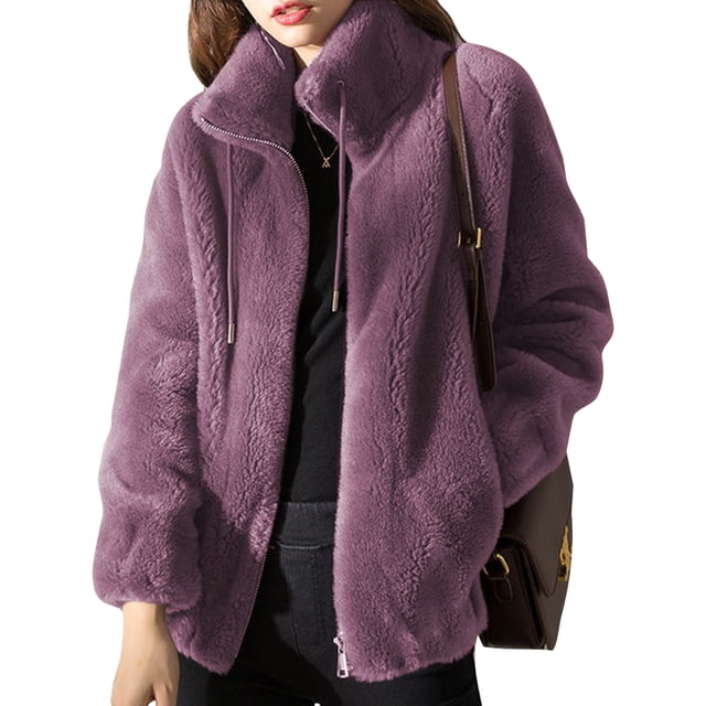 LUXUR Ladies Full Zip Sherpa Jackets Drawstring Holiday Overcoats Purple XL