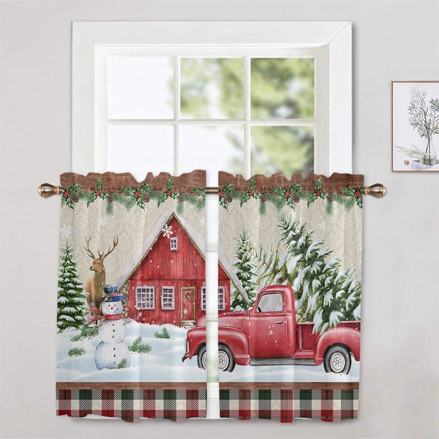Innerwin Rideaux de Cuisine de Noël à Poche pour Tringle Panneaux Courts 1/2 Pcs Demi-Rideau Moderne de Noël Occultant de Luxe Imprimé Floral à Carreaux Imprimé Bonhomme de Neige E Rideau à 2 Pcs à Étages : L:52 Pieds' x H:54 Pieds'