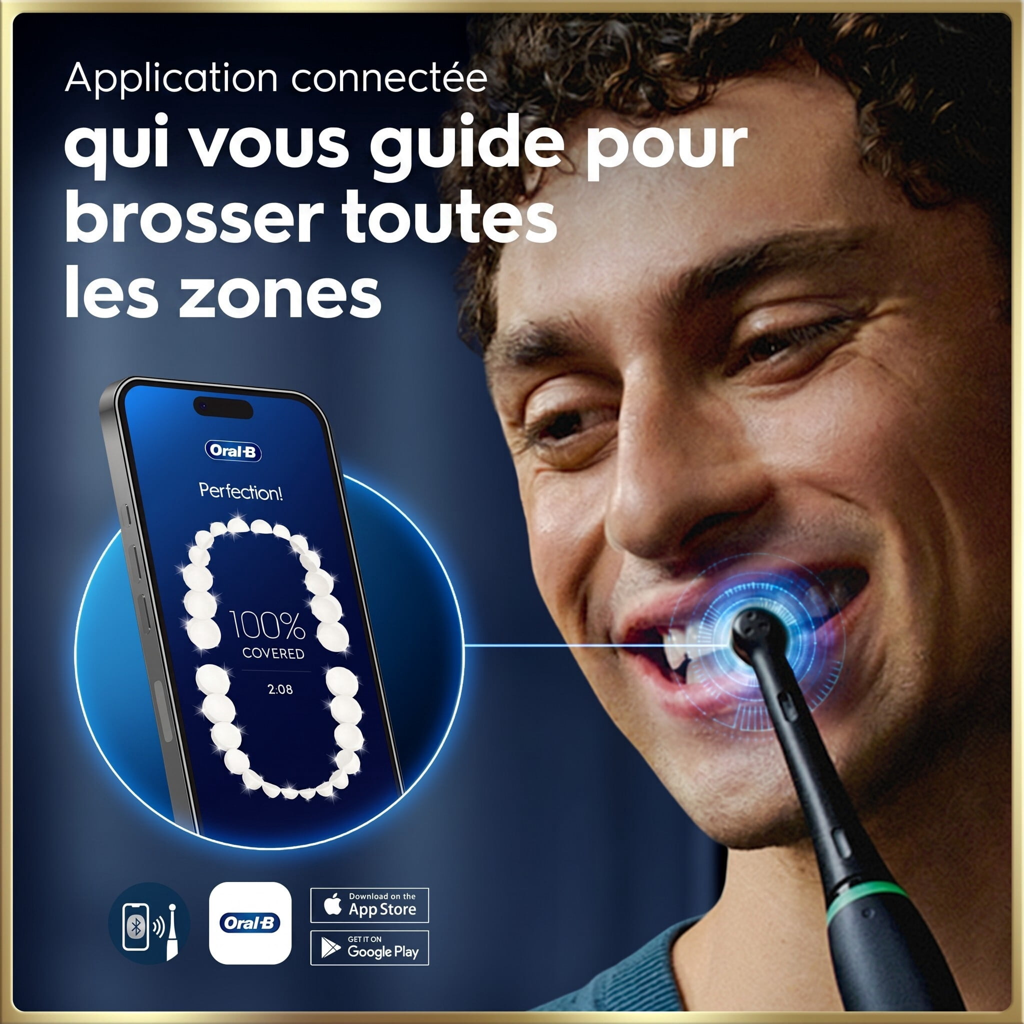 Brosse à dents électrique rechargeable Oral-B, iO9 Genius, 7 modes de nettoyage, écran interactif, étui de voyage avec chargeur intégré, détecteur de pression visible, 4 brossettes, bleu saphir