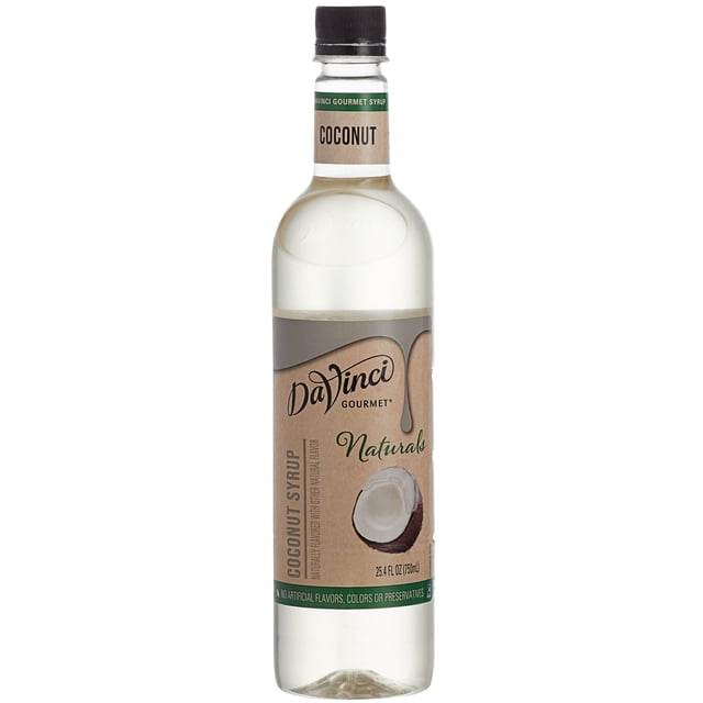 DaVinci Gourmet 750 mL All-Natural Coconut Flavoring Syrup in a clear plastic bottle with a black cap and a beige label featuring a coconut graphic. The label highlights its all-natural ingredients, made with pure cane sugar and free from artificial flavors, colors, or preservatives. Suitable for coffee drinks, cocktails, desserts, and more.