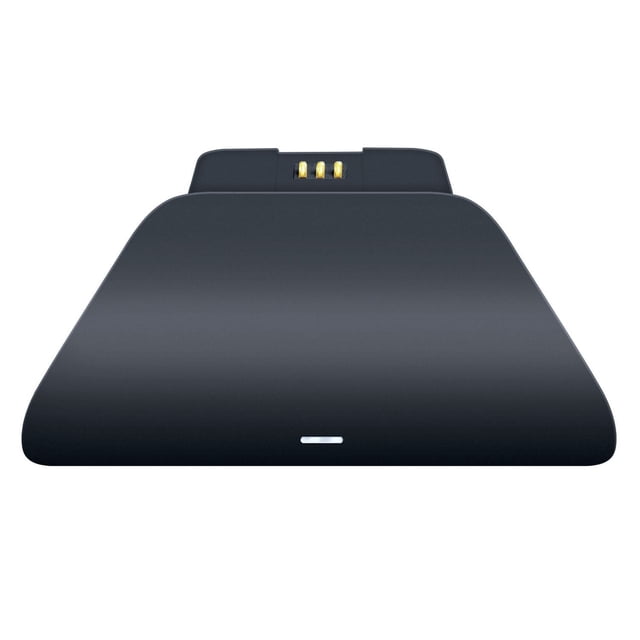 Razer Universal Quick Charging Stand for Xbox in carbon black with a matte finish, front-facing trapezoidal dock featuring three gold magnetic contact pins for secure charging of all Xbox controllers except Elite Controller 2, USB powered for flexible connectivity.
