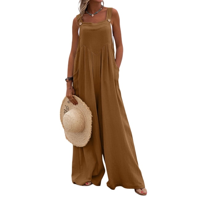 SUNSIOM Salopette d'Été Sans Manches en Coton et Lin pour Femme, Ample, à Bretelles Ajustables, avec Poches
