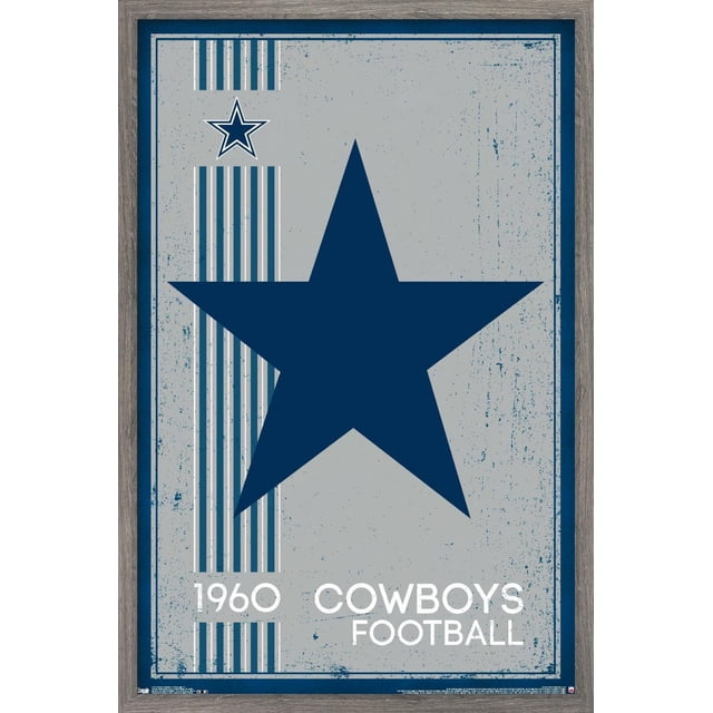 NFL Dallas Cowboys - Affiche Murale Logo Rétro 14, 22,375 Pouces x 34 Pouces Mettant en Vedette une Grande Étoile Bleu Marine sur un Fond Gris Vieilli avec des Rayures Verticales et une Petite Étoile dans le Coin Supérieur Gauche, Encadrée en Bois Rustique. Texte Blanc « 1960 Cowboys Football ». Cette Affiche Encadrée Légère à Fini Satiné Est Facile à Accrocher et Convient pour Décorer des Chambres, des Bureaux Ou des Salles de Fans.
