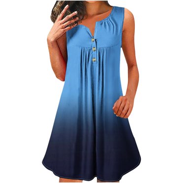 Staron Robes Décontractées Bleues pour Femmes en Liquidation à Moins de 10 $ Robe Ample à Boutons Col en V pour Vacances à la Plage Dégradé Robe Débardeur Fluide Plissée Sans Manches 4TG