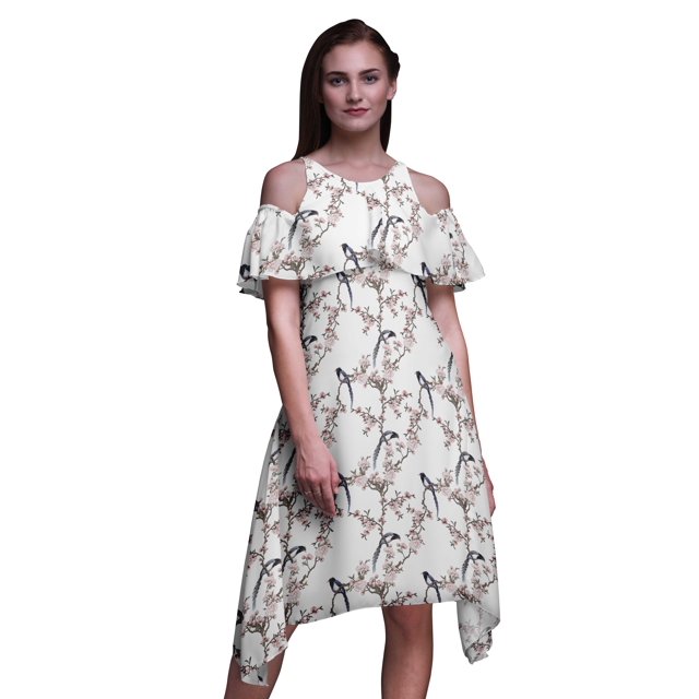 Bimba Robe Droite à Épaules Dénudées pour Femmes, Tunique de Fête à Col Rond Imprimée d'Oiseau Blanc - Très Grand