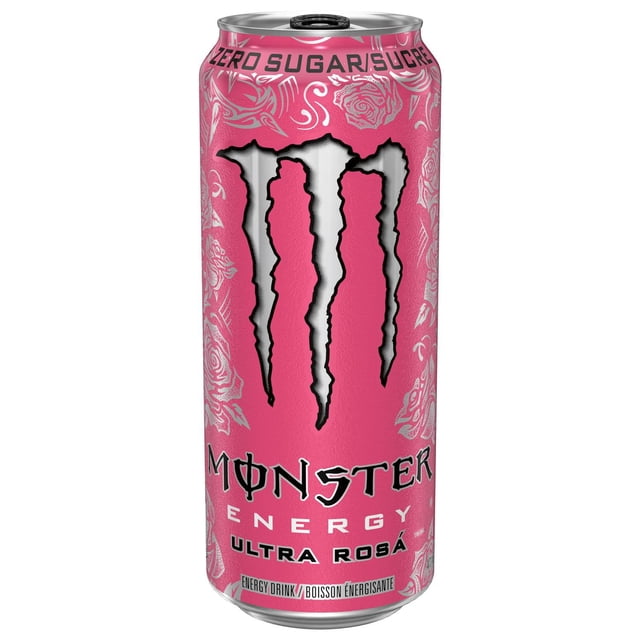 MONSTER ENERGY Ultra Boisson Énergisante Rosa 473 ml en Canette avec Fond rose et Motifs de Roses Argentés, Présentant un Grand logo Griffe Argent et Noir, Texte Zéro Sucre en Haut, et Étiquetage Bilingue Anglais et Français.