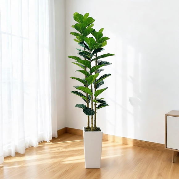 Figuier Artificiel Réaliste de 5/6 Pi en Forme de Feuille de Violon – Faux Ficus avec Tronc en Bois, Mousse et Jardinière, Décoration pour Intérieur Extérieur Maison Bureau Mariage Fête Cadeau