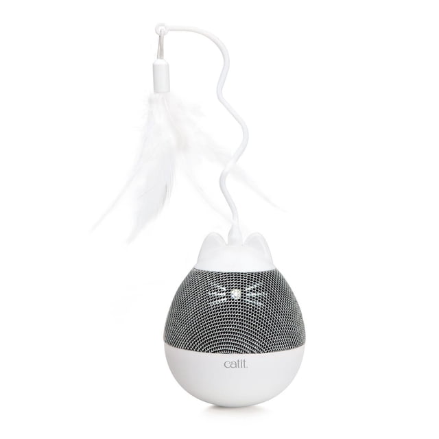 Catit PIXI Spinner Electronic Cat Toy in white and grey with a rounded base covered in mesh fabric, cat ears on top, and a flexible wand holding white feathers; paw-activated treat dispensing toy with nightlight for interactive cat play.