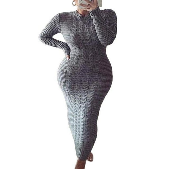 Women Long Sleeve Knitted Dress Crochet Pattern Solid Ribbed Casual Dress