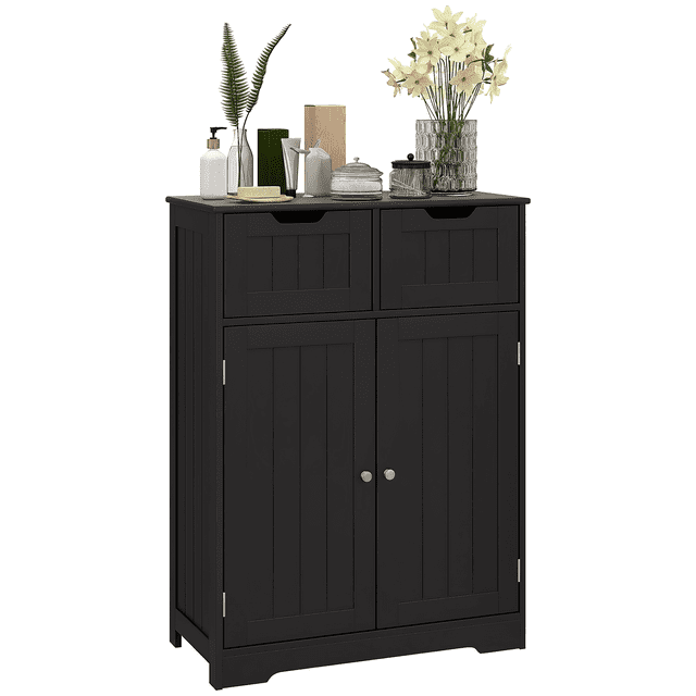 Kleankin freestanding bathroom cabinet with 2 drawers and an adjustable shelf, made of black MDF board. The cabinet features two upper drawers, a lower cabinet with double doors, and a 3-tier adjustable shelf for versatile storage. The back includes an anti-tip strap for added safety. Dimensions are 23.5 inches long, 11.75 inches wide, and 32.25 inches high. The cabinet is styled with decorative items on top, including flowers and toiletries, against a white background.