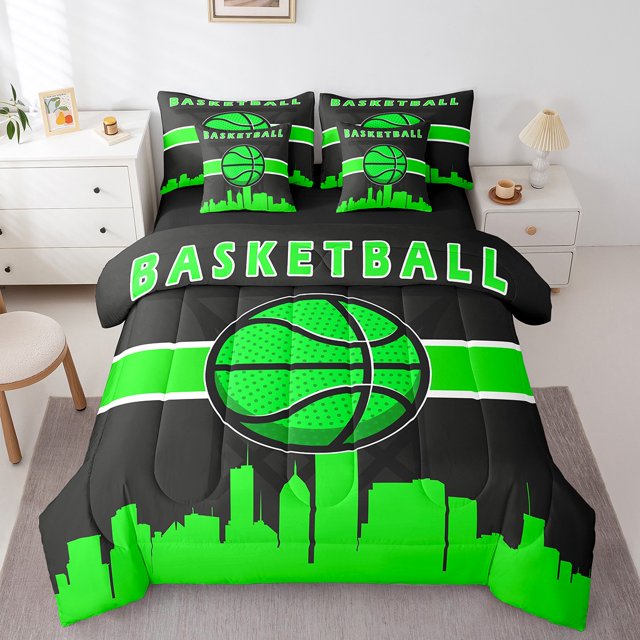 YST Sports Bedding Set, 7-Piece, Comforter Set, Basketball, King Size, Black Green, Microfiber Soft