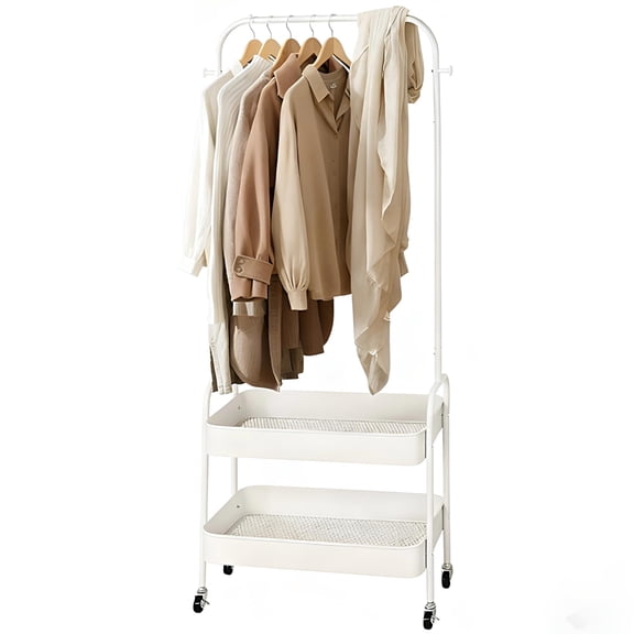 Support Portatif pour Suspendre des Vêtements, Portant Roulant avec Roues Verrouillables et Paniers de Rangement à 2 Niveaux