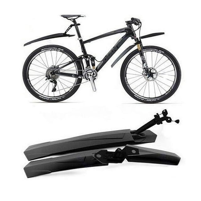 Bike Mudguard Set Mountain Bike Road Bicycle Long Fender Adjustable Mud Guard shown in black. The set includes a front mudguard measuring 23cm+32cm in length and 7cm in width, and a rear mudguard measuring 56cm in length and 7cm in width. Made of PA plastic, it is lightweight and designed for universal compatibility with most bike types, including mountain bikes, road bikes, and folding bikes. The front fender fits front fork hole diameters of 1.7cm to 2.6cm, while the rear fender fits seat post diameters of 2.54cm to 3.48cm. The mudguards are adjustable, easy to install, and help keep bicycles cleaner and dryer in wet or muddy conditions.