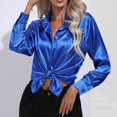 thumbnail image 4 of IROINID Rabais Chemises à Manches Longues Col en V pour Femmes Cardigan d'Été Décontracté Aguichant Hauts de Chevet Réguliers Blouse à Manches Longues Unie, Bleu, 4 of 7