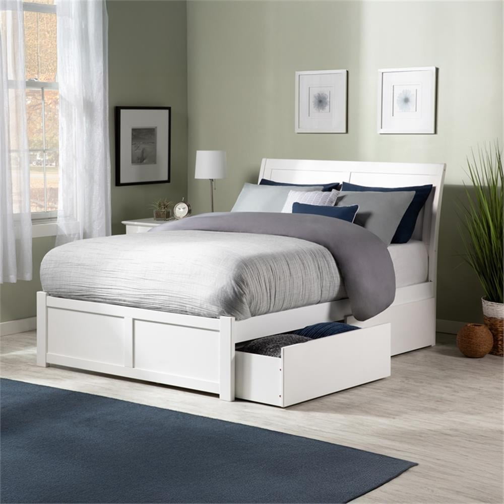 Lit Plateforme Complet en Bois Portland avec Pied de Lit et Tiroirs de Rangement, Blanc