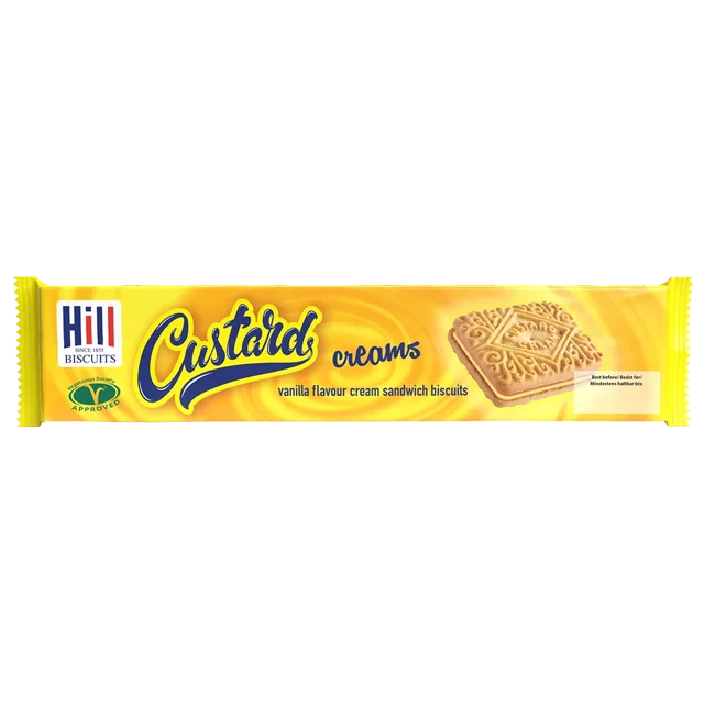 Hill Biscuits Crèmes Anglaises Crème à la Vanille Biscuits sandwich à la Crème dans un Emballage Jaune Vif avec Deux Biscuits Carrés Embossés et un logo Approuvé par la vegetarian society, Idéal pour une Collation Traditionnelle Ou pour le Plaisir des Biscuits
