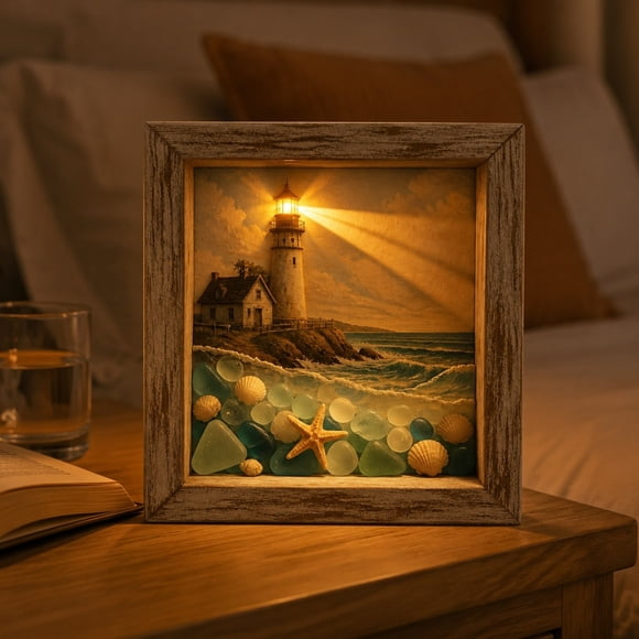 Tuscom Sea Glass LED Shadow Box Light, Wooden Framed Nautical Night Lamp with Turtle Sailboat Beach Art, Coastal Tabletop Wall Decor for Living Room Bedroom