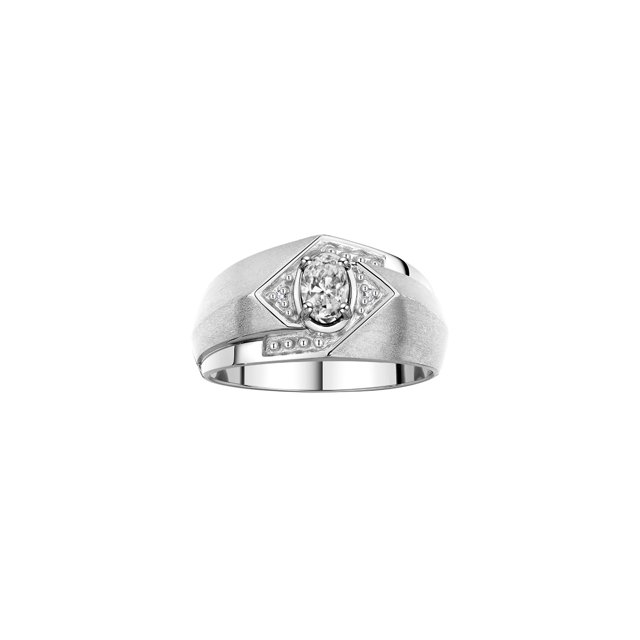 RYLOS Mens Rings Sterling Silver Ring 6X4MM Oval Shape Gemstone & Diamond Ring White Topaz April Birthstone Rings For Man Silver Rings, Size 8
