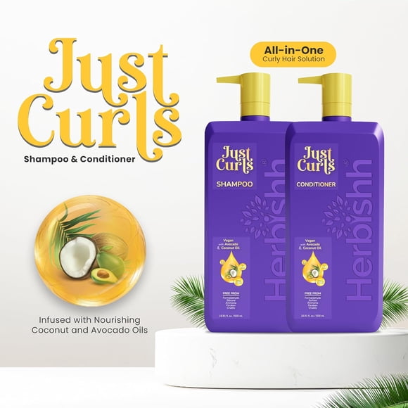 Herbishh Just Curls Shampoo & Conditioner with Avocado & Coconut Oil, Nourished Shiny Curls, Smooths Frizzy Hair, Curly Hair Care Set, Paraben-Free & Vegan (16.91 fl. oz Each)