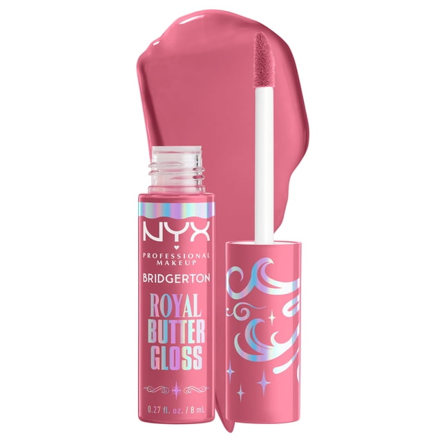 NYX Professional Makeup Bridgerton Royal Gloss lip gloss with an open 8 mL tube featuring a pink cap decorated with blue swirls and stars, a wand applicator coated in creamy pink gloss, and a pink gloss smear behind, vegan and cruelty-free formula ideal for soft, shiny lips.