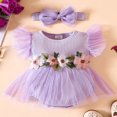 thumbnail image 2 of Infant Romper Dress Flower Leaves Embroidery Jumpsuits with Headband, 2 of 9