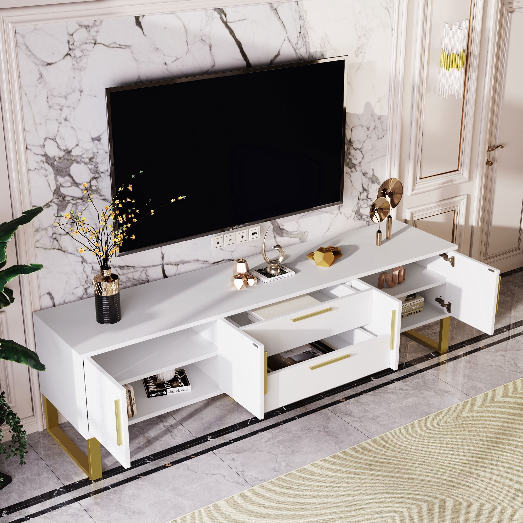 Noble House Meuble TV sur Pied à Haute Brillance, Poignées et Pieds Dorés avec Portes à Texture Gravée, Blanc