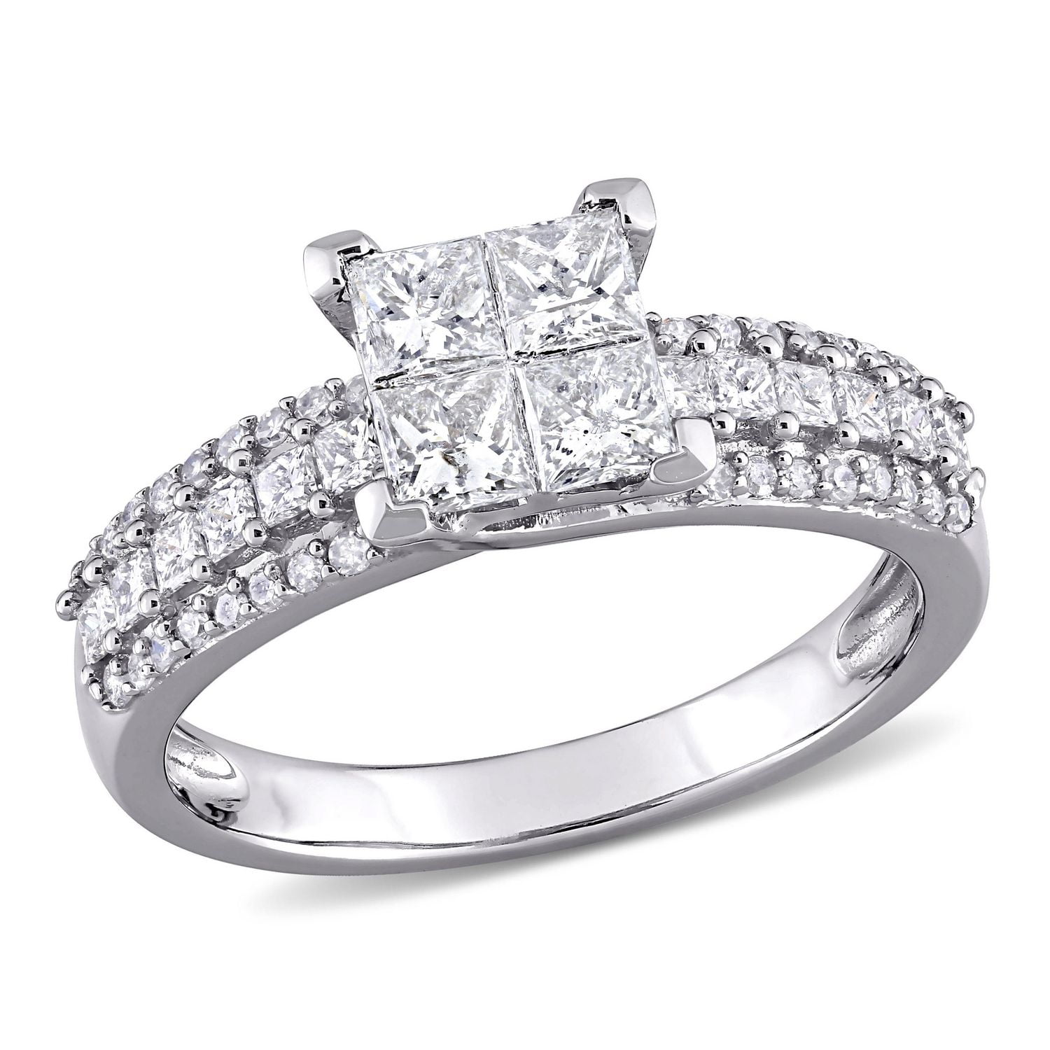 Miabella Bague de fiançailles a centre quad de coupe princesse en or blanc 10K avec diamant de 1 carat P.T.